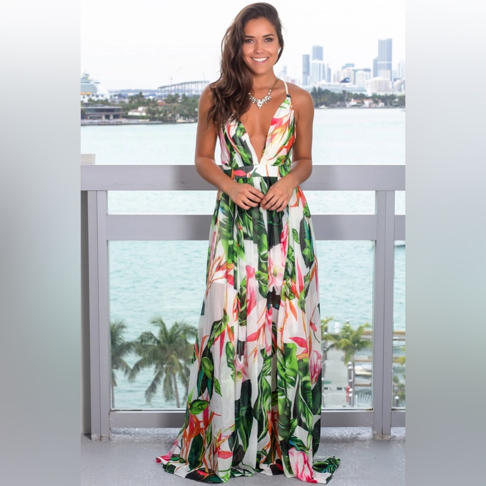 Luxxel Green & Pink Floral Maxi Vacation Dress - Size: S